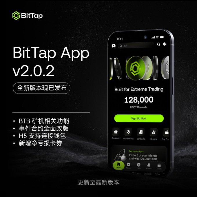 An advertisement for the BitTap App v2.0.2 showing a smartphone interface with 'Built for Extreme Trading' and '128,000 USDT Rewards.' Chinese text lists features including BTB mining functions, event contracts, H5 wallet support, and profit/loss vouchers.