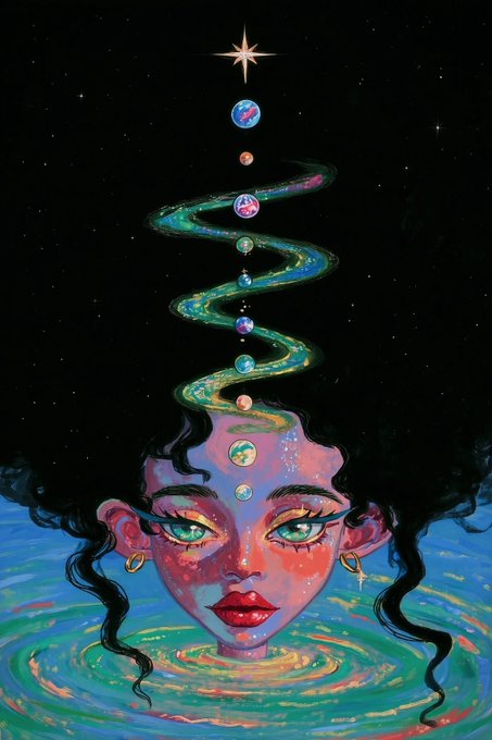 An artistic illustration of a woman's face emerging from water with colorful rippling swirls, planets, and a star forming a cosmic spiral rising from her forehead against a dark background.