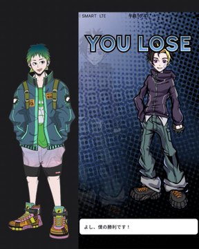 A video game screen displays a 'YOU LOSE' message with two anime-style character sprites on a blue patterned background.