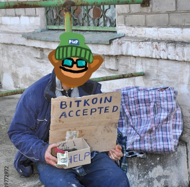 A person sitting on the street holding a 'BITKOIN ACCEPTED' cardboard sign and a 'HELP' donation box, with their face obscured by a PUPP meme sticker.