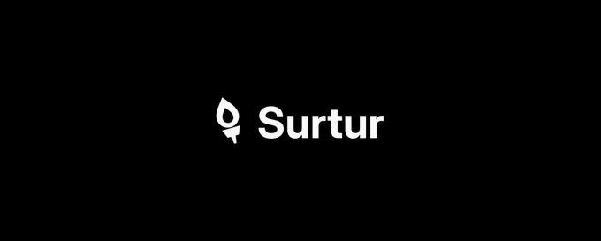 A black screen displays the Surtur logo featuring a white leaf-like icon beside the text 'Surtur'.