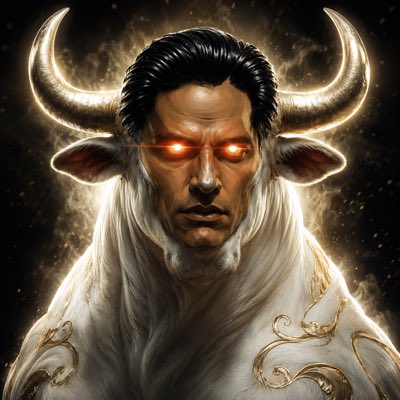 A fierce, glowing-eyed Minotaur with golden horns and ornate white fur embodies the "#TheWhiteBull" meme token $WYNN, visually capturing its bullish mythology and power.