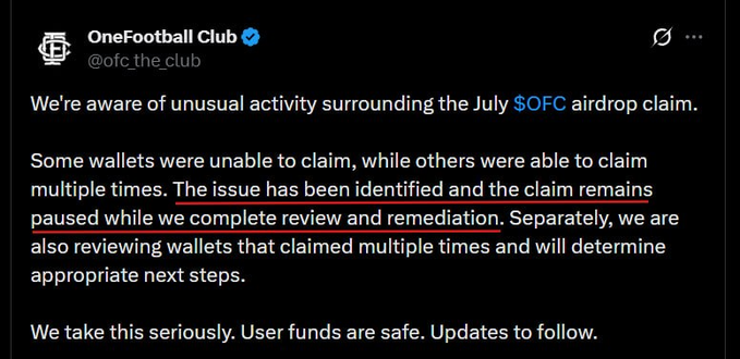 A tweet from 'OneFootballClub @ofc_the_club' addressing 'unusual activity surrounding the July $OFC airdrop claim' and stating that 'User funds are safe.'