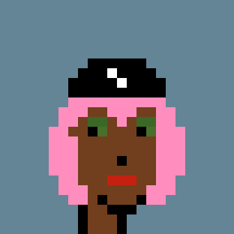 A low-resolution, pixelated image shows a dark figure wearing a wide-brimmed hat and a pink garment against a solid blue background.