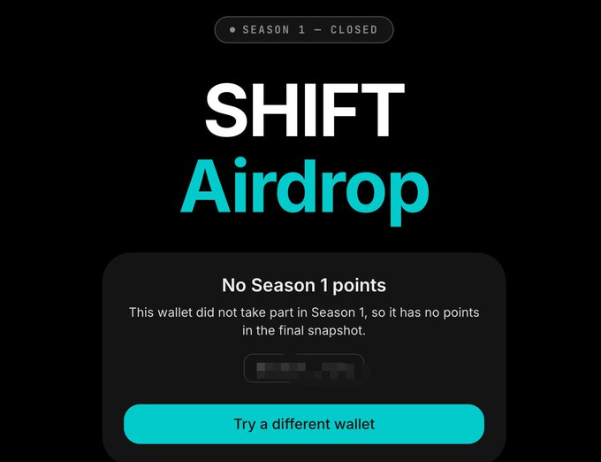SHIFT Airdrop interface showing 'SEASON 1 — CLOSED' and 'No Season 1 points' for the connected wallet, with a 'Try a different wallet' button.