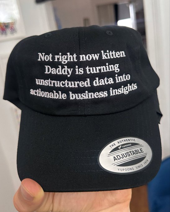 A close-up of a black Yupoong adjustable dad cap with white embroidered text reading 'Not right now kitten Daddy is turning unstructured data into actionable business insights'.