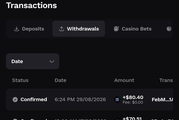 Online casino transactions page showing the 'Withdrawals' tab with a confirmed withdrawal of +$80.40 dated 6:24 PM 29/08/2026, alongside tabs for Deposits and Casino Bets.