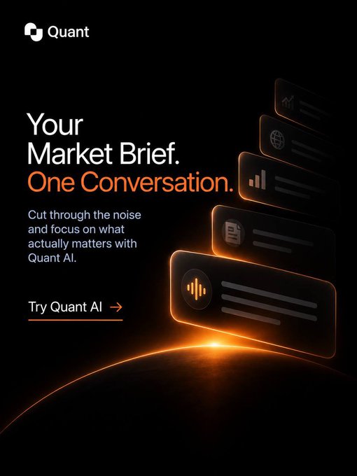 An advertisement for 'Quant' featuring the text 'Your Market Brief. One Conversation.' and 'Try Quant AI →' with floating UI elements against a dark background.