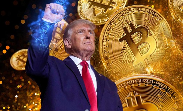 Donald Trump raises a fist crackling with blue digital energy, standing before large golden Bitcoin coins inscribed with the text "DECENTRALIZED • PEER TO PEER," visually representing the significant cryptocurrency holdings discussed in the accompanying text.