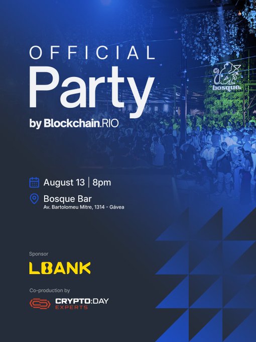 An event flyer for 'OFFICIAL Party by Blockchain.RIO' at Bosque Bar (Av. Bartolomeu Mitre, 1314 - Gávea) on August 13 at 8pm, sponsored by LBANK and co-produced by CRYPTO:DAY EXPERTS.