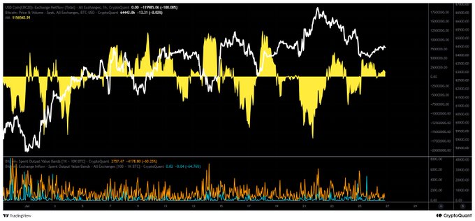 The image displays a TradingView chart from CryptoQuant tracking USDC Exchange NetFlow (Onchain) for Coinbase, showing a current value of 8.00 (with a 139,565.58 decrease) and a "Sent. All Exchanges" value of 671,050 (-6466.08, -11.31). Below, a second chart compares the Sport Output Value Bands for BTC CryptoQuant at 5737.47 versus All Exchanges at 0.02, visually supporting the post's observation of ongoing net inflows of USDC to exchanges—indicating accumulated buying power despite weekend fund flow declines.