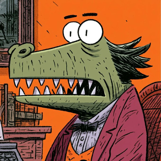 A cartoon illustration of a green reptilian character with wide eyes and sharp teeth wearing a maroon suit jacket and bow tie, set against an orange city background.