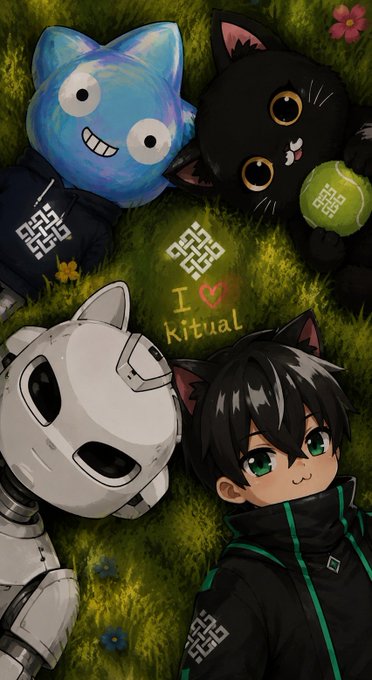 Four characters—a blue cat-like creature, a black cat with a tennis ball, a robot, and a black-haired anime boy—lie in grass around the text 'I ❤ Ritual'.