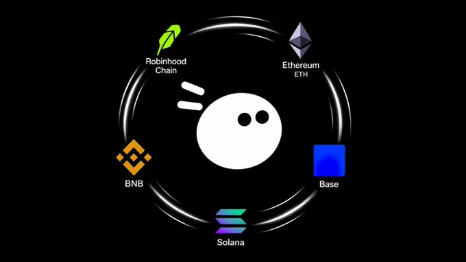 A diagram on a black background showing a central circular logo surrounded by cryptocurrency chains: Robinhood Chain, Ethereum ETH, Base, Solana, and BNB.