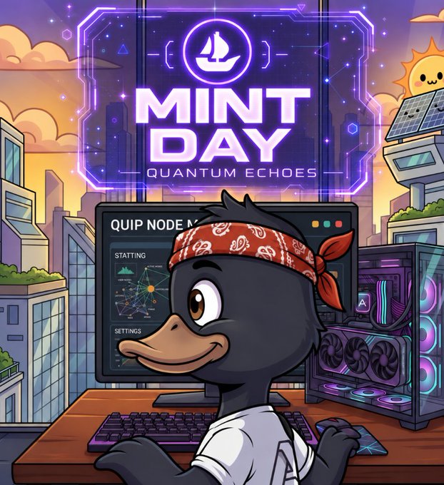 A cartoon illustration featuring a duck wearing a red bandana at a computer setup, with neon text 'MINT DAY QUANTUM ECHOES' and a futuristic cityscape in the background.