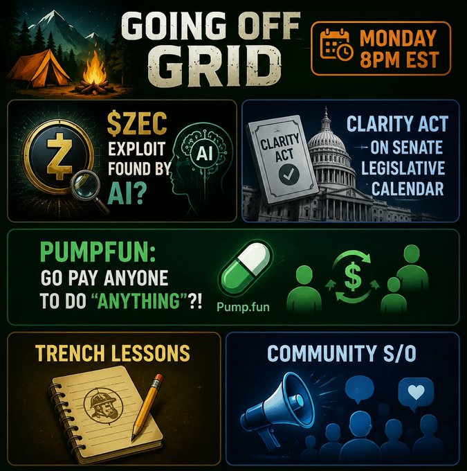 The image features a poster for a show called "Going Off Grid" with various elements related to the show, such as a tent, a book, a microphone, and a person's face. The poster also includes text that reads "Tired of vanilla news and scripted takes? Time for the real ones. Tonight... with celeb host @ShibBender Plus... Trench Lessons: The Art of the Block Raw. Unhinged. Streaming worldwide." This suggests that the show is about exploring alternative lifestyles, such as off-grid living or minimalism, and features a diverse range of topics related to these themes.