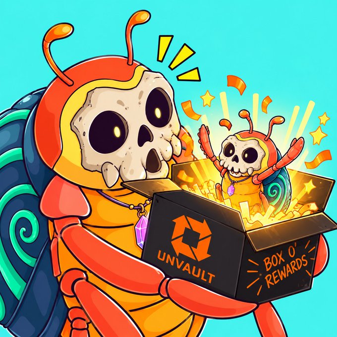 A colorful cartoon features a small skeleton character holding a box labeled “UNVAULT” and “BOX O’ REWARDS,” echoing the accompanying post’s explanation of Unvault’s DIVIT reward process for eligible NFT holders who opt in and follow the collection rules.