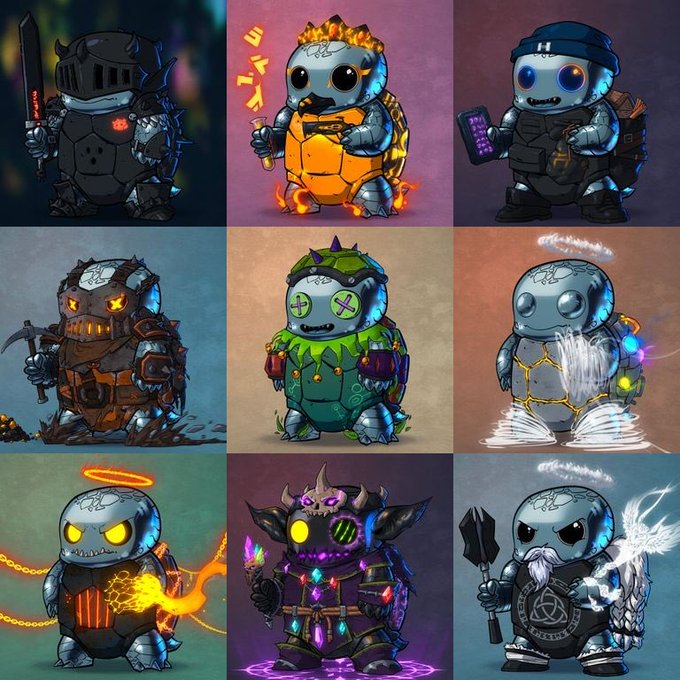 A 3x3 grid of nine turtle character NFTs in various themed outfits and armor sets, including a knight, miner, demon, and angel.