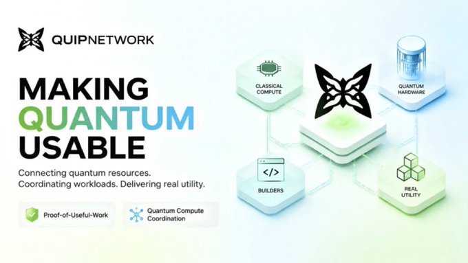A promotional banner for "QUIPNETWORK" with the headline "MAKING QUANTUM USABLE" showing diagrams connecting classical hardware, quantum hardware, builders, and real utility.