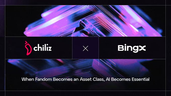 A promotional graphic featuring the Chiliz and BingX logos with the tagline 'When Fandom Becomes an Asset Class, AI Becomes Essential' displayed against a vibrant purple and pink digital background.