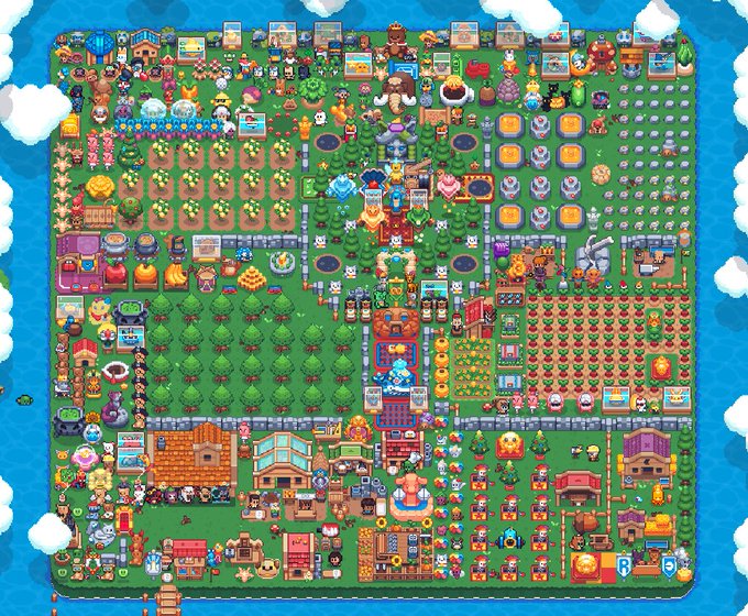 A highly detailed, vibrant top-down view of a colorful pixel art game island filled with numerous buildings, crops, characters, and decorative elements surrounded by blue water.