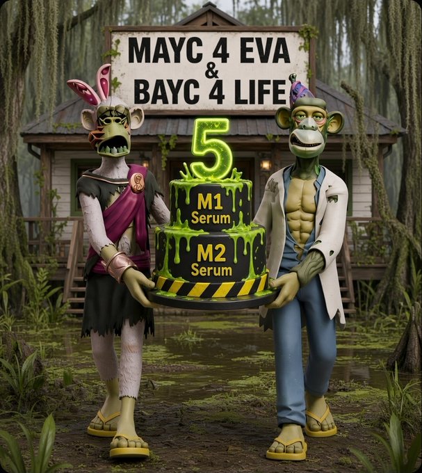 A digital artwork featuring two anthropomorphic mutant characters (one resembling a rabbit, the other a monkey) holding a two-tiered green and black cake. Text reads 'MAYC 4 EVA & BAYC 4 LIFE', with '5' in neon green above the cake labeled 'M1 Serum' and 'M2 Serum'.