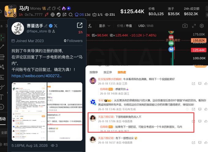 A screenshot shows a crypto trading interface displaying the token "马内 Money" (Money) at $125.44K with a 7.46% decline, alongside a tweet from user "赛蛋选手" (@flape_store) dated 1h ago alleging the project fabricated a fake Weibo story about director 干闲 (Gan Xian) adding a character named "马内" to the film "Bull Market" sequel, with a Weibo comment from "天涯刀客亿斩" at 17:06 on 26-8-18 sarcastically suggesting "if you have the next part, add a new friend, Ma Nei" highlighted in red.