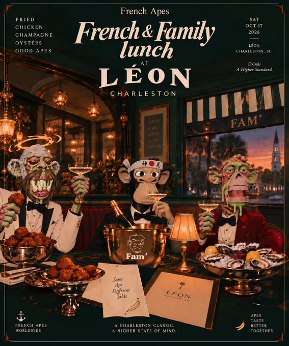 An event poster advertises a 'French & Family lunch at LÉON Charleston' hosted by French Apes on Saturday, October 17, 2026, featuring illustrations of three monkeys in suits enjoying a meal.