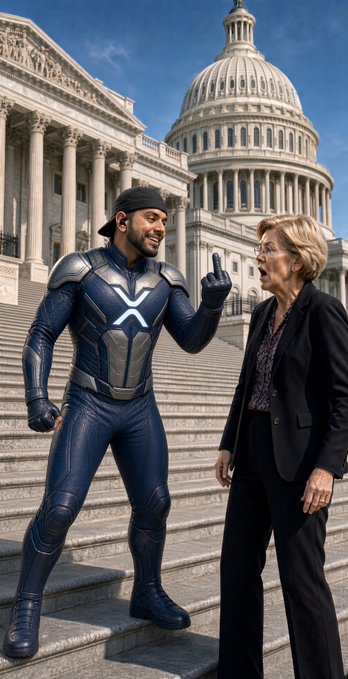 A man in an XRP-branded superhero costume stands on the steps of the U.S. Capitol building, confidently pointing his finger while lecturing a concerned-looking woman in a black suit, visually personifying the post's rallying call for citizens to vote against legislators supporting the Clarity Act and other unfavorable crypto legislation.