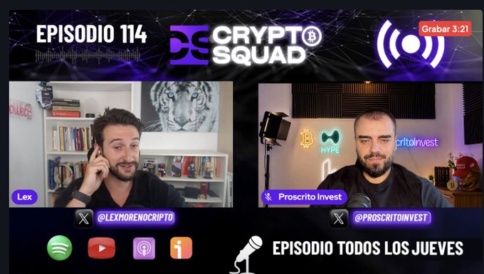 A promotional image for Crypto Squad Episode 114 features hosts Lex (@lexmorenocripto) and Proscrito Invest (@proscritoinvest) in a split-screen layout, teasing a surprise episode airing every Thursday at 3:21. The post hints at this being their best podcast yet, with a special surprise reveal scheduled for Thursday's release.
