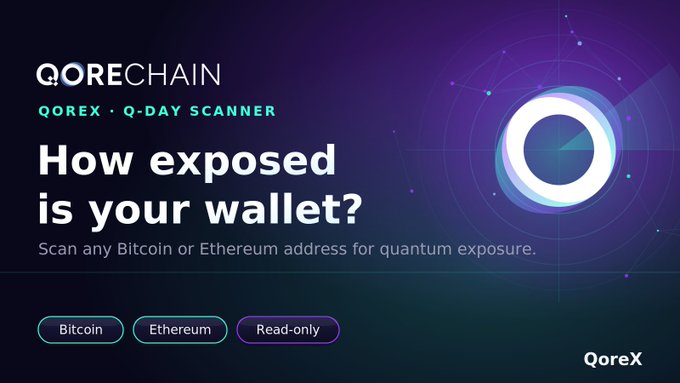 A dark purple promotional graphic for QORECHAIN's Q-DAY SCANNER asking 'How exposed is your wallet?' with options to scan Bitcoin or Ethereum addresses for quantum exposure.