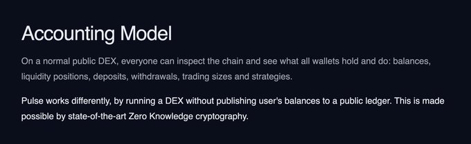 An informational text slide titled 'Accounting Model' explaining how Pulse DEX uses Zero Knowledge cryptography to keep user balances private unlike public DEX ledgers.