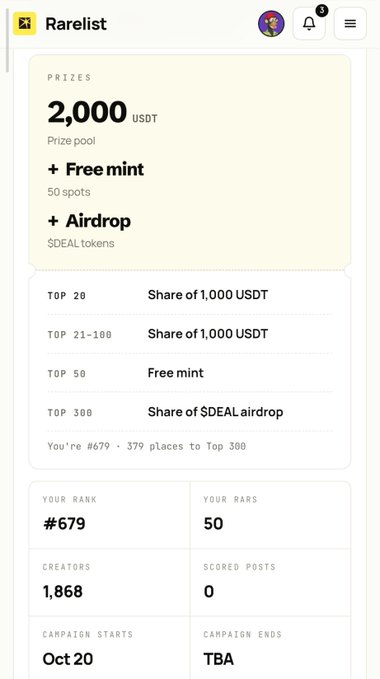A Rarelist competition page shows a prize pool of “2,000 USDT,” rewards including “Free mint” and “Airdrop,” and ranking details: rank “#679,” RARS “50,” creators “1,868,” scored points “0,” campaign start “Oct 20,” and campaign end “TBA.”