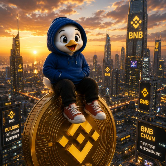 A cartoon duck character in a blue hoodie and red sneakers sitting on a large golden BNB coin, with a cityscape at sunset and BNB branding ('BUILDING THE FUTURE TOGETHER', 'THE FUTURE IS DECENTRALIZED') in the background.