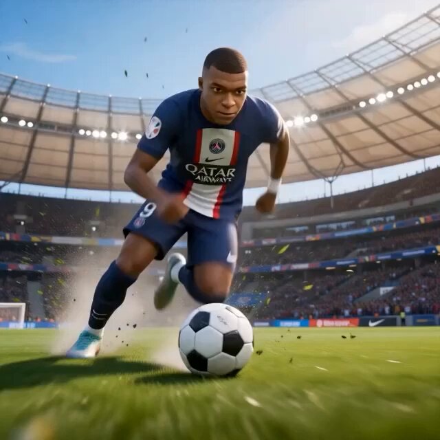 The image features a soccer player running with a white soccer ball, kicking it across the field. There are several people visible in the background, possibly teammates or opponents watching the game. The scene takes place at a stadium, which suggests that this is an actual soccer match rather than a virtual one like those played on video games.