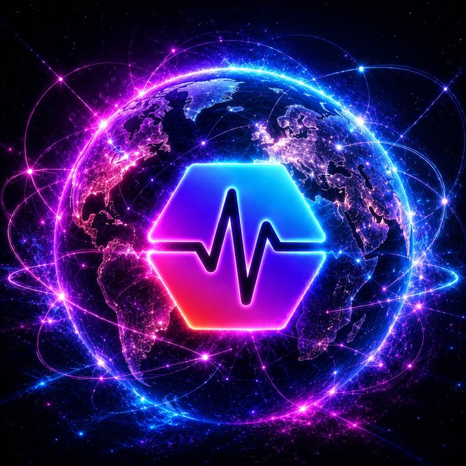 The image features a globe with a neon blue hexagon containing a heart symbol, surrounded by numerous stars that create a starburst effect around the globe. The text "GM PULSECHAIN. PULSECHAIN GOING GLOBAL." is also present in the image. This suggests that the image might be related to a global health initiative or campaign, with the hexagon and heart symbol representing a connection between different countries or regions.

The post's title indicates it is about GM PULSECHAIN going global, which could imply an effort to promote health awareness or initiatives across various nations. The use of neon colors and starburst effect adds a sense of energy and excitement to the image, potentially drawing attention to the cause or message behind the image.