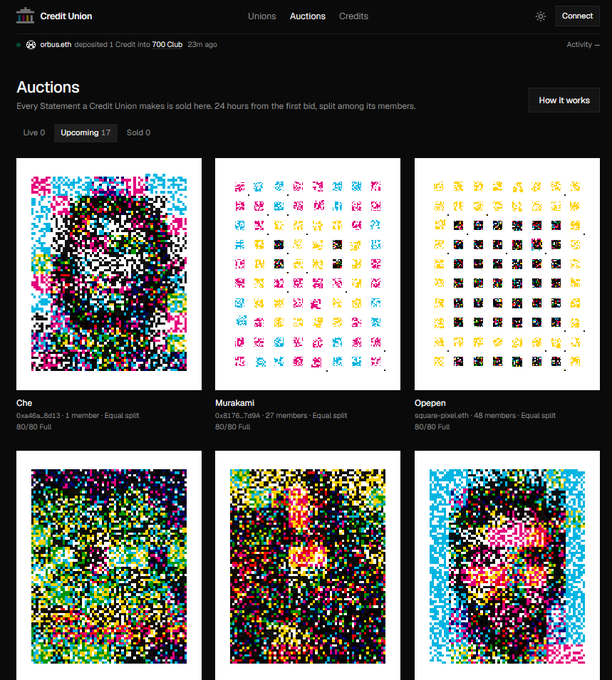 A 'Credit Union' art auction interface on a website displaying upcoming auctions for pieces titled 'Che', 'Murakami', and 'Opepen' with 80/80 Full bidding status.