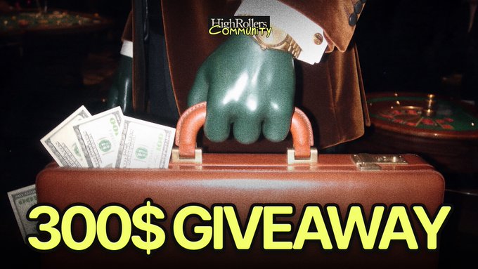 A man wearing a green glove holds a briefcase stuffed with cash beside a roulette wheel, with bold yellow text reading "300$ GIVEAWAY" and the "HighRollers Community" logo at the top — promoting a giveaway of $300 in USDT to three lucky winners who follow, like, retweet, and drop their wallet address.