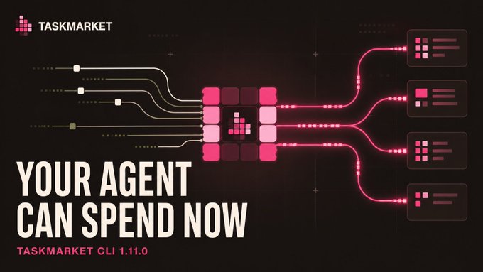 A promotional graphic for 'TASKMARKET' featuring pink and white digital flowchart elements on a black background, with the tagline 'YOUR AGENT CAN SPEND NOW' and 'TASKMARKET CLI 1.11.0'.