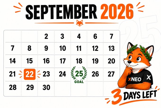 A 'September 2026' calendar graphic from xNEO featuring a cartoon fox mascot with a laurel wreath, highlighting the 25th as 'GOAL' with '3 DAYS LEFT'.