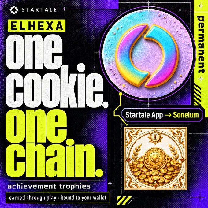 A promotional graphic for Startale featuring 'ELHEXA - One Cookie. One Chain.' achievement trophies, showing a Startale App to Soneium integration with a permanent badge.