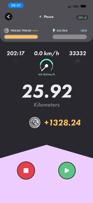 The image shows a fitness tracking app screen displaying a completed walking session: 25.92 kilometers in 202:17 minutes, earning +1328.24 points at an average speed of 4.0-10.0 km/h, with the GPS paused and stop (red) and play (green) buttons at the bottom, aligning with the post about finishing 200 minutes (worth ~40 energy) in the #STEPNathon challenge before taking a break for a third set.