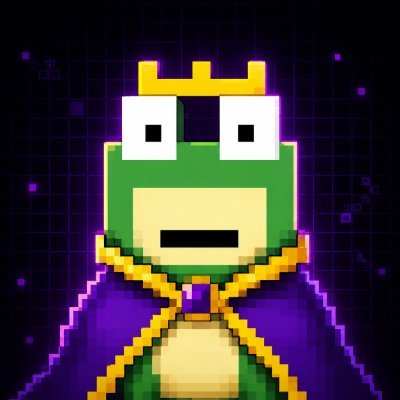 A pixel art illustration of a green frog character with wide square pupils, wearing a golden crown and a purple cape, set against a dark purple grid background with glowing particles.