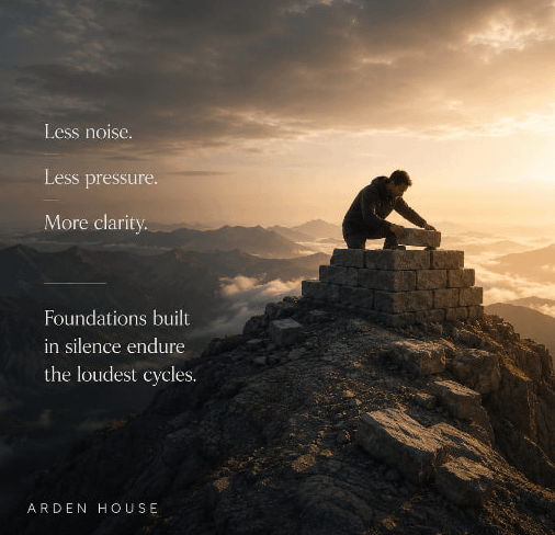 The image shows a man sitting atop a rock formation with his hands on the edge of the cliff. The background features a beautiful sunset over mountains, creating an atmosphere of tranquility and peace. The caption above the photo reads "Less noise. Less pressure. More clarity. Foundations built in silence endure the loudest cycles." This quote is related to the image as it suggests that during times of uncertainty or market fluctuations, it's essential to focus on building a strong foundation while maintaining a calm and composed demeanor.