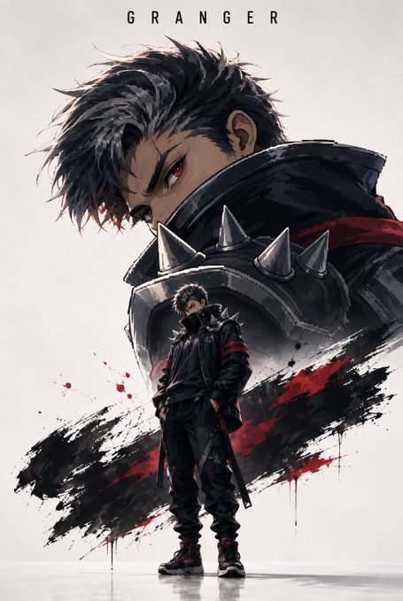 An anime-style illustration titled 'GRANGER' featuring a dark-haired male character with red eyes wearing a spiked black jacket, shown both in a large close-up and as a smaller full-body figure against a white background with black and red paint splashes.