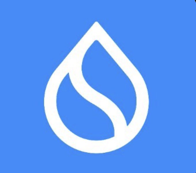 A white water droplet logo on a solid blue background.