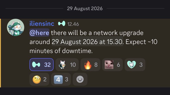 A Discord post by "iliensinc" announces a Hyperliquid network upgrade scheduled for 29 August 2026 at 15.30, expecting ~10 minutes of downtime, which directly relates to the accompanying text's anticipation that HIP-4 permissionless deployments will land during this upgrade.