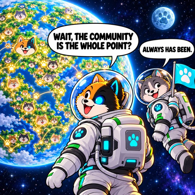 An illustration of two Shiba Inu dogs in astronaut suits floating in space, with one saying 'WAIT, THE COMMUNITY IS THE WHOLE POINT?' and the other replying 'ALWAYS HAS BEEN.'