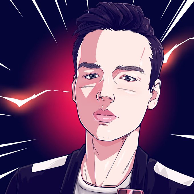 An anime-style illustrated portrait of an Asian man with dark hair against a red and dark blue background with dynamic speed lines and lightning effects.