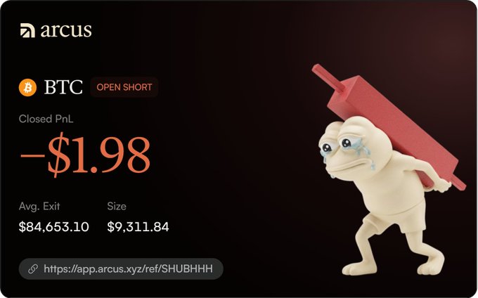 The image shows a screenshot of an Arcus trading interface displaying a closed BTC short position with a loss of -$1.98, an average exit price of $84,653.10, and a size of $9,311.84, accompanied by a sad 3D character carrying a large red downward arrow. It relates to the post by highlighting the user's first trade with Arcus, humorously blaming their "fat fingers" for the small loss and promoting the referral link visible at the bottom (app.arcus.xyz/ref/SHUBHHH).